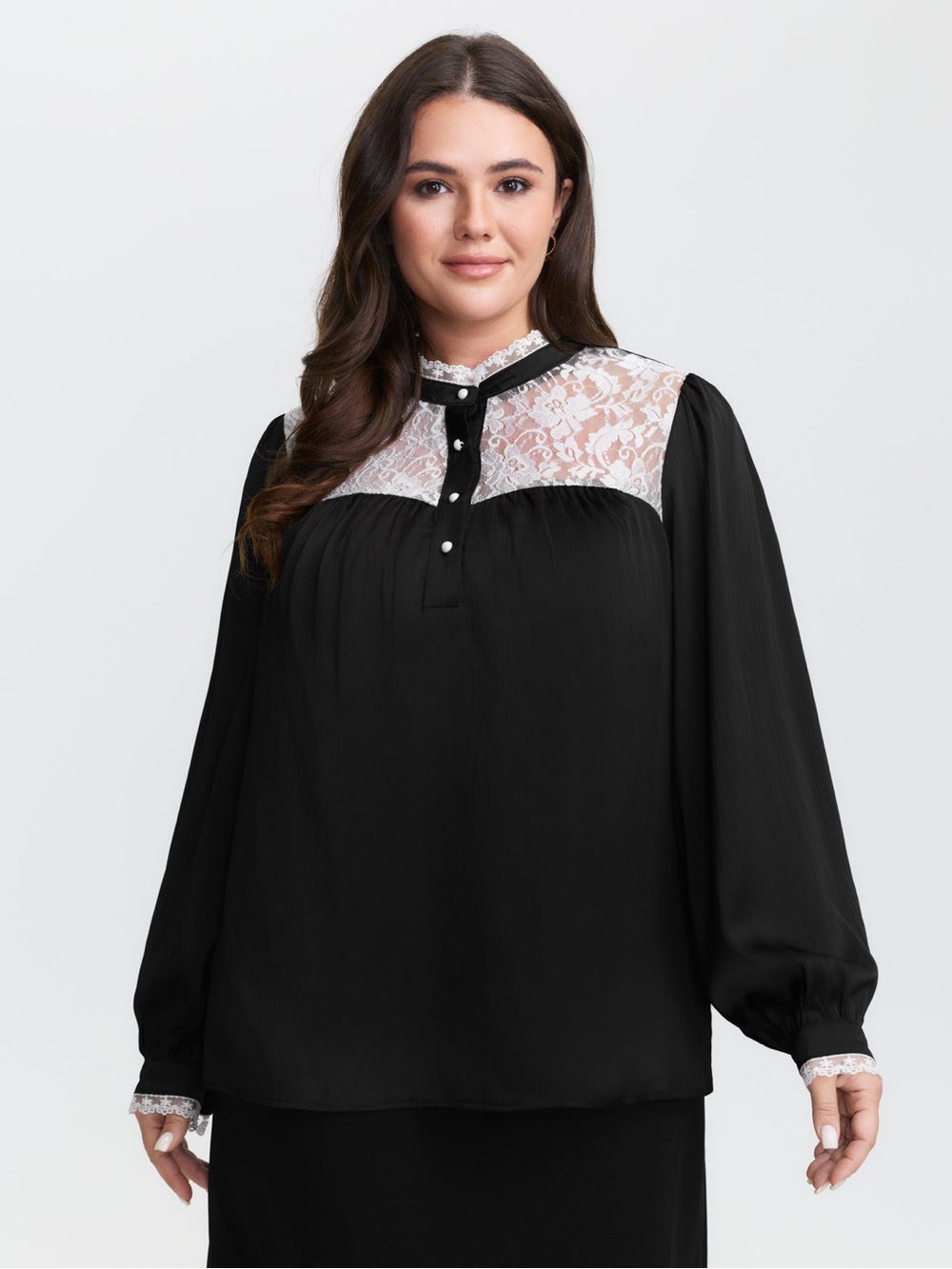 BloomChic Black Blouse with White Lace trim